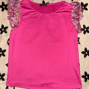 Vibrant Pink Blouse with Floral Sleeves